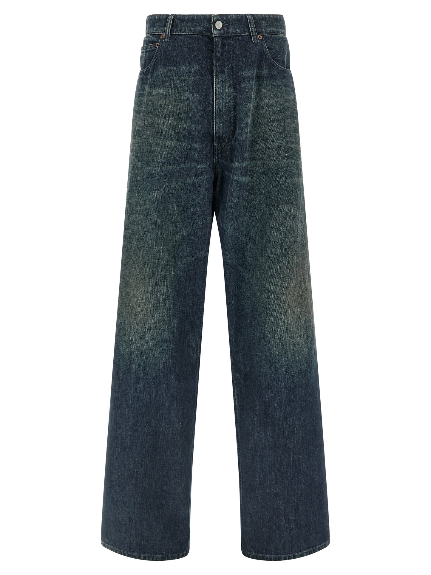 Jeans by MM6 Maison Margiela for men in denim cotton blue, white & signature features a refined silhouette with a refined straight-leg, relaxed-fit, regular-fit & wide, defined by a and a refined long for a refined finish.