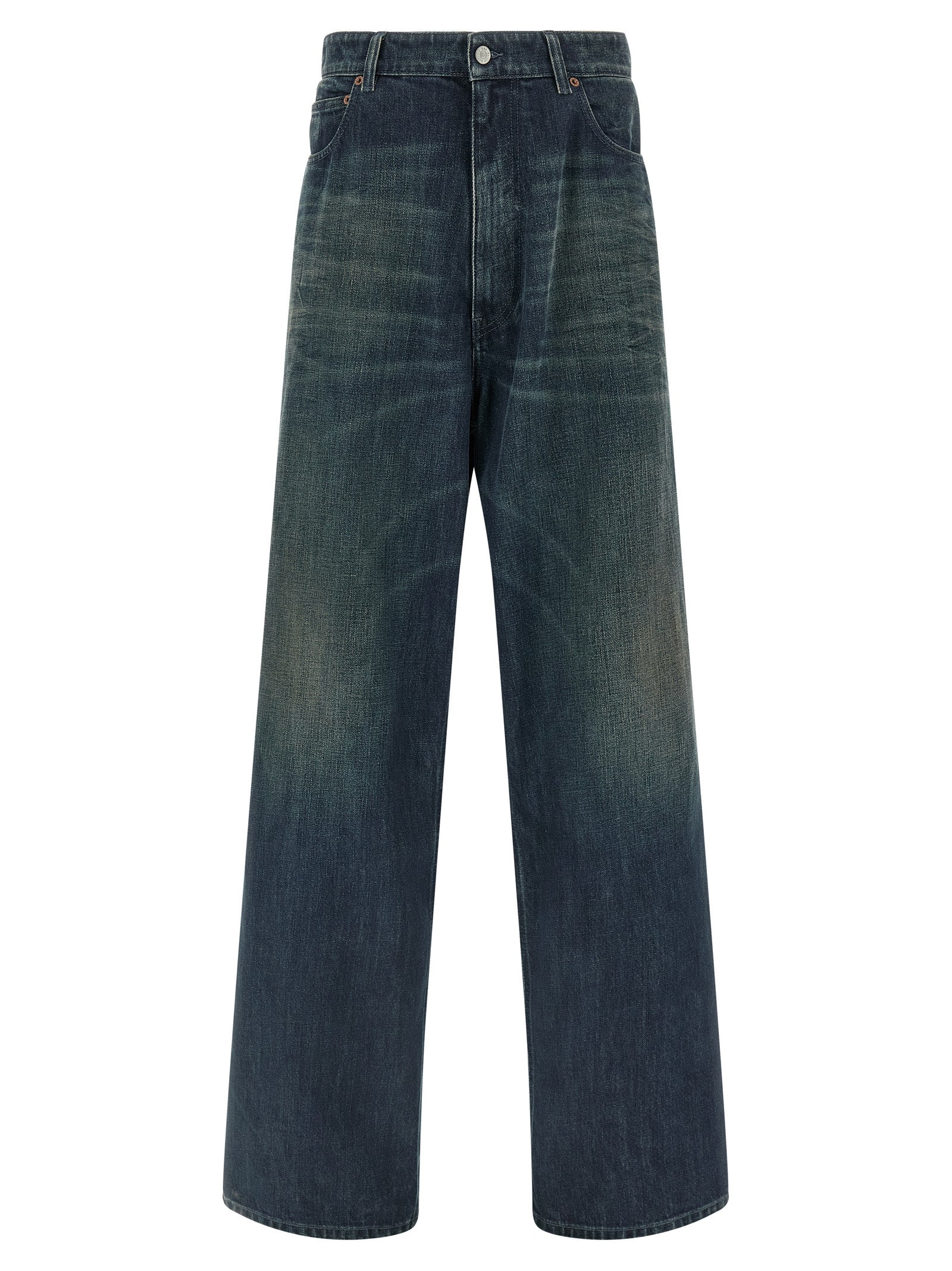 Jeans by MM6 Maison Margiela for men in denim cotton blue, white & signature features a refined silhouette with a refined straight-leg, relaxed-fit, regular-fit & wide, defined by a and a refined long for a refined finish.