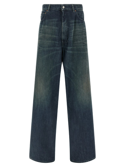 Jeans by MM6 Maison Margiela for men in denim cotton blue, white & signature features a refined silhouette with a refined straight-leg, relaxed-fit, regular-fit & wide, defined by a and a refined long for a refined finish.