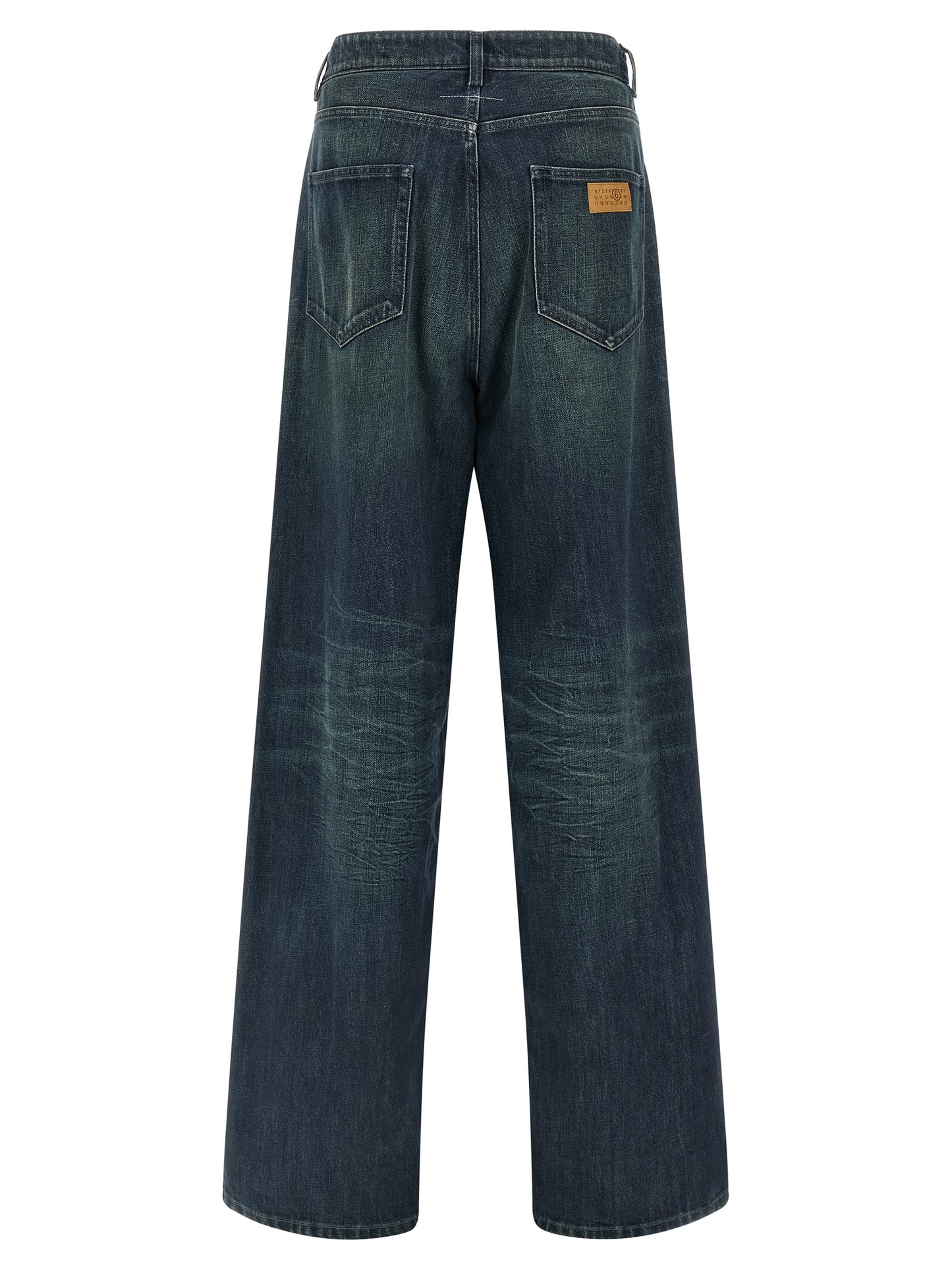 Jeans by MM6 Maison Margiela for men in denim cotton blue, white & signature features a polished silhouette with a polished straight-leg, relaxed-fit, regular-fit & wide, reaching a polished long and finished with a polished .