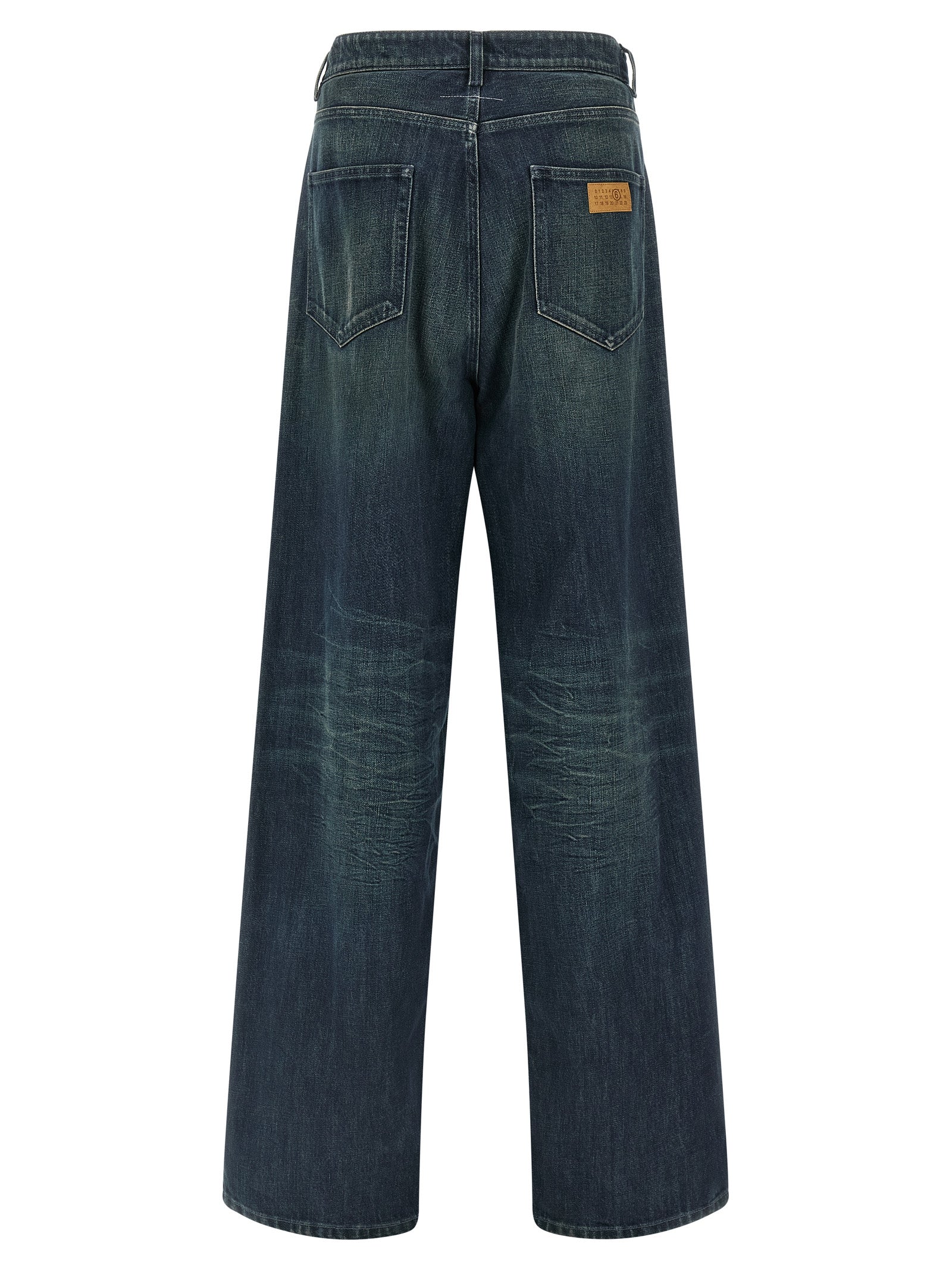 Jeans by MM6 Maison Margiela for men in denim cotton blue, white & signature features a polished silhouette with a polished straight-leg, relaxed-fit, regular-fit & wide, reaching a polished long and finished with a polished .