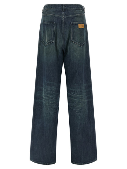 Jeans by MM6 Maison Margiela for men in denim cotton blue, white & signature features a polished silhouette with a polished straight-leg, relaxed-fit, regular-fit & wide, reaching a polished long and finished with a polished .