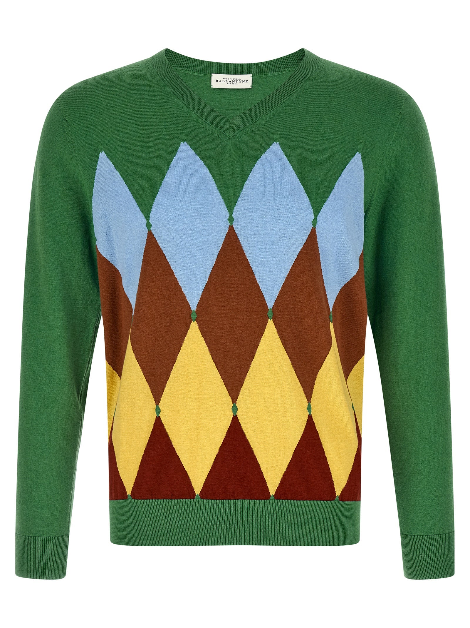 Cardigan by Ballantyne for men in plush cotton & cashmere bicolour, green, patterned, argyle & jacquard features an crisp silhouette, showcasing a sophisticated v-neck neckline and detail for a truly crisp finish.
