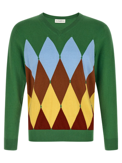 Cardigan by Ballantyne for men in plush cotton & cashmere bicolour, green, patterned, argyle & jacquard features an crisp silhouette, showcasing a sophisticated v-neck neckline and detail for a truly crisp finish.