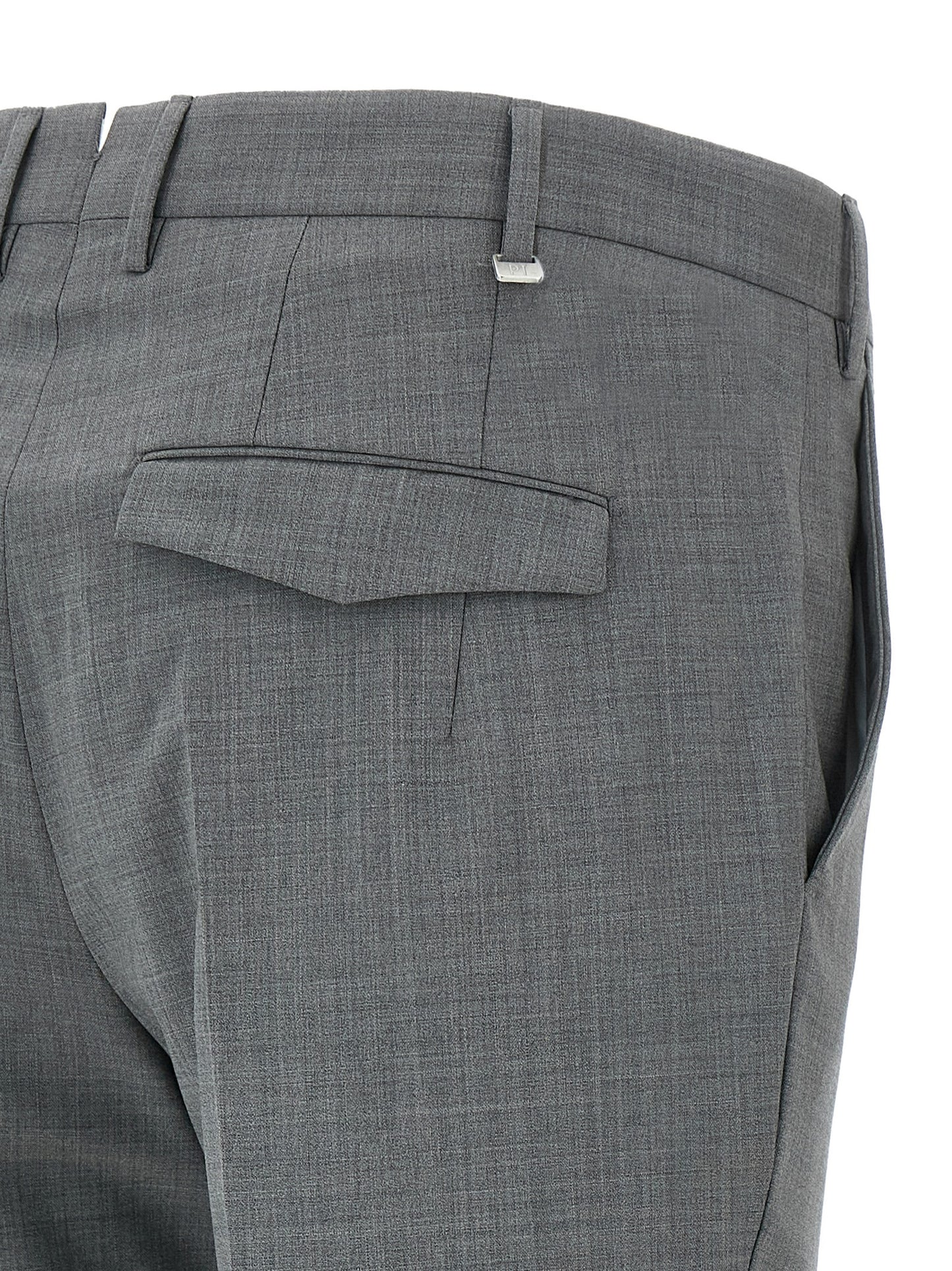 Trousers by PT Torino for men in virgin wool gray features an sartorial silhouette, showcasing a precise and long with a sartorial mid rise for a refined look.
