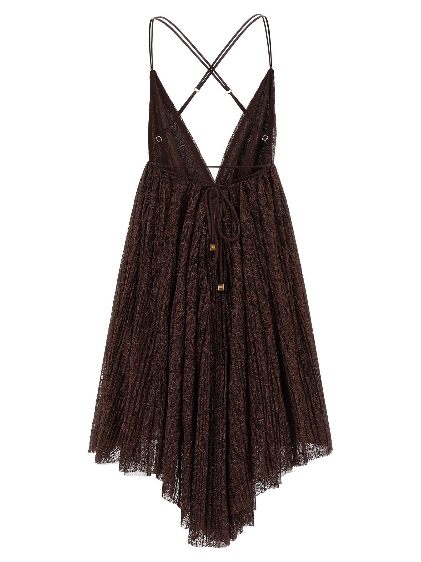 Dress by Elisabetta Franchi for women in polyamide brown, gold & floral presents a sinuous silhouette, showcasing a sophisticated and detailed with a sinuous short mini for a refined finish.
