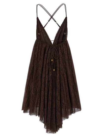 Dress by Elisabetta Franchi for women in polyamide brown, gold & floral presents a sinuous silhouette, showcasing a sophisticated and detailed with a sinuous short mini for a refined finish.