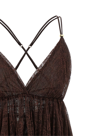 Dress by Elisabetta Franchi for women in polyamide brown, gold & floral features an magnificent silhouette, artfully detailed with a magnificent and that flows into an magnificent short mini.