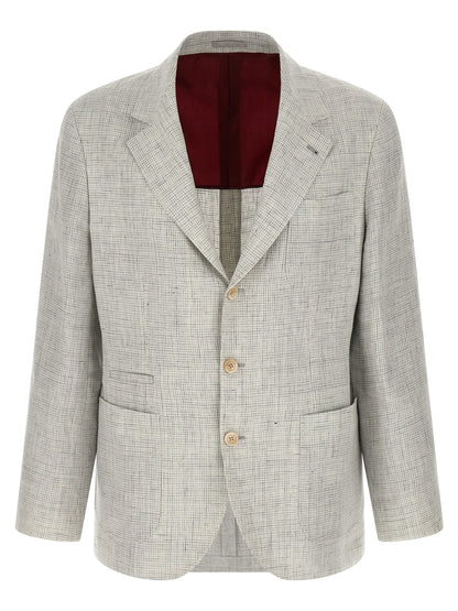 Blazer by Brunello Cucinelli for men in cupro & linen beige & patterned features an stylish silhouette, showcasing a sophisticated split neckline and stylish for a truly stylish finish.
