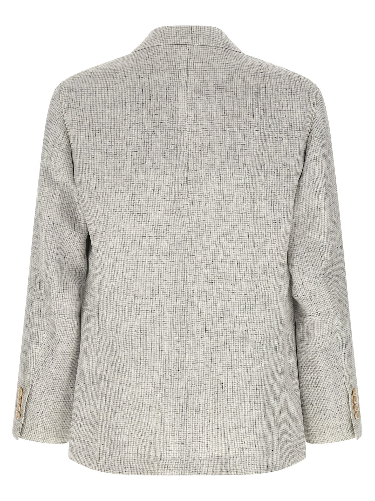 Blazer by Brunello Cucinelli for men in cupro & linen beige & patterned presents a distinguished silhouette, detailed with a distinguished split neckline and distinctive for a truly sophisticated finish.