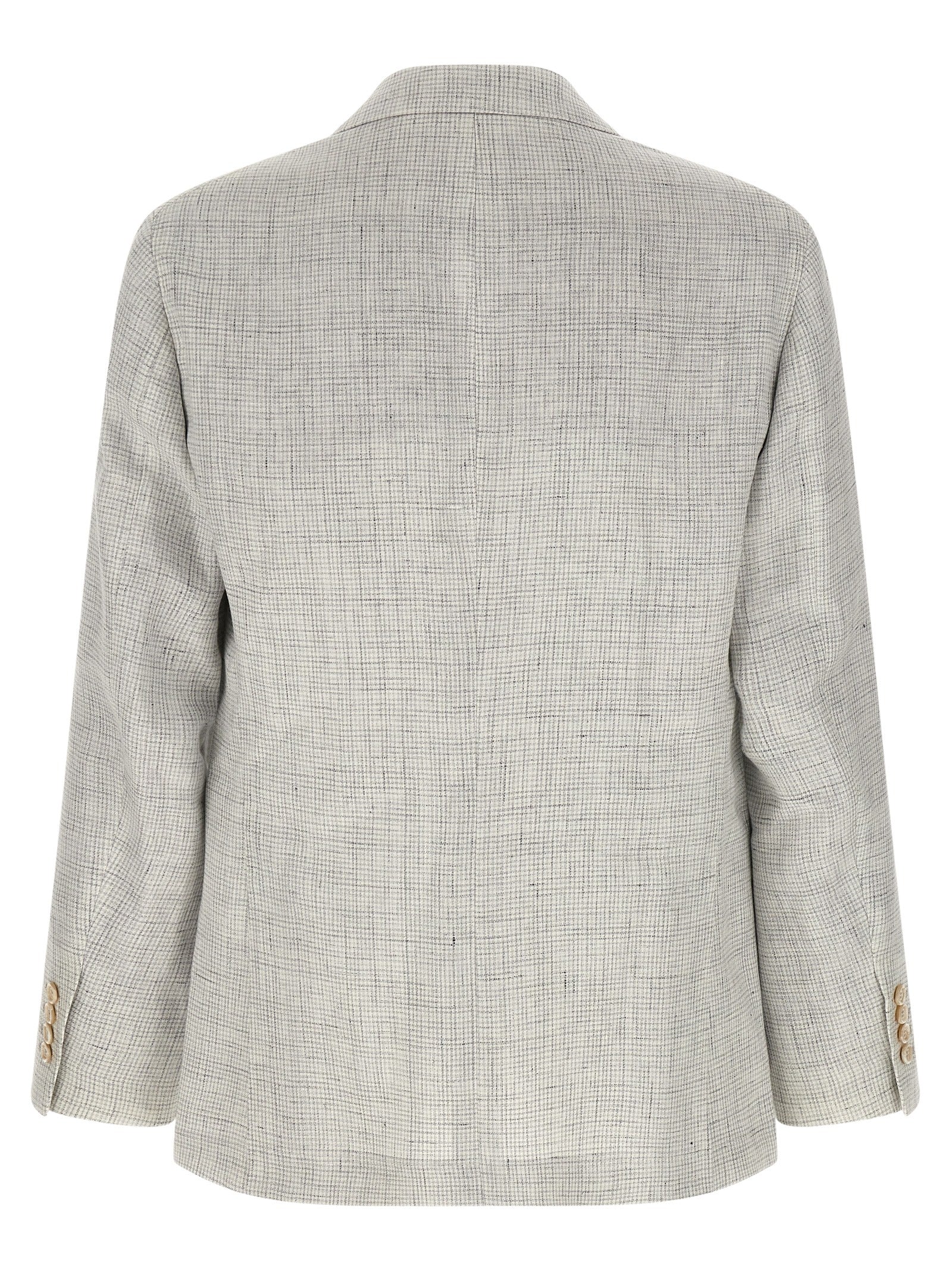 Blazer by Brunello Cucinelli for men in cupro & linen beige & patterned presents a distinguished silhouette, detailed with a distinguished split neckline and distinctive for a truly sophisticated finish.