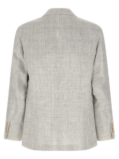 Blazer by Brunello Cucinelli for men in cupro & linen beige & patterned presents a distinguished silhouette, detailed with a distinguished split neckline and distinctive for a truly sophisticated finish.