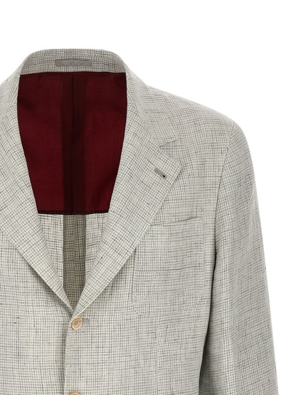 Blazer by Brunello Cucinelli for men in cupro & linen beige & patterned showcases a polished silhouette, highlighted by a refined split neckline and polished for a sophisticated finish.