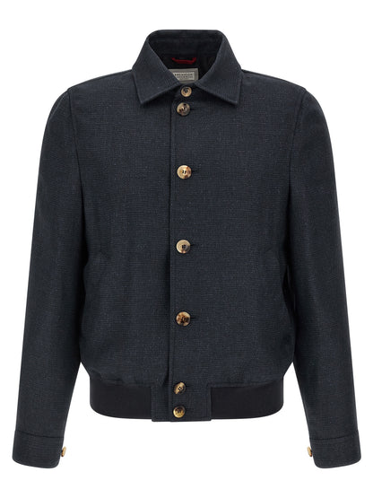 Brunello Cucinelli Men's Biker Cupro Linen Wool Jacket - Blue Natural Patterned