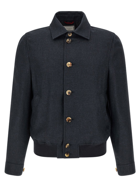 Blazer by Brunello Cucinelli for men in cupro linen wool blue, natural, patterned & signature presents a distinguished silhouette, detailed with a distinguished shirt-collar neckline and distinctive for a truly sophisticated finish.