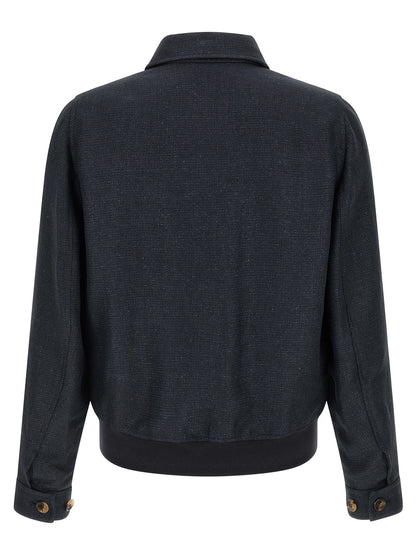 Brunello Cucinelli Men's Biker Cupro Linen Wool Jacket - Blue Natural Patterned