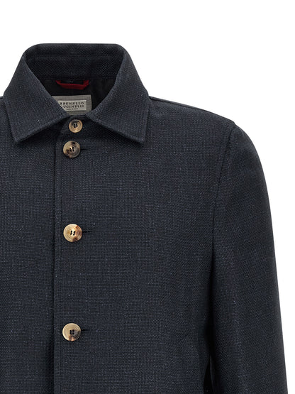 Brunello Cucinelli Men's Biker Cupro Linen Wool Jacket - Blue Natural Patterned