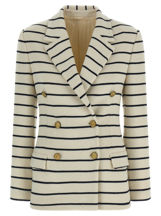 Blazer by Brunello Cucinelli for women in cotton silk & crepe blue & striped features an sartorial silhouette, showcasing a sophisticated and sartorial for a truly sartorial finish.