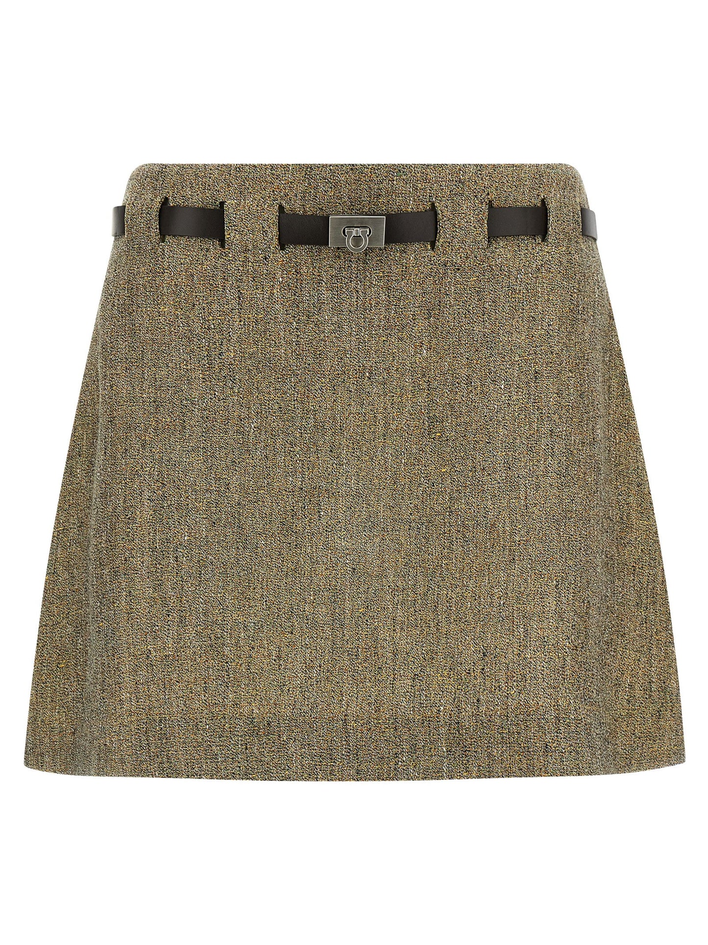 Skirt by Ferragamo for women in leather & linen multicolor showcases a dramatic silhouette, artfully capturing the essence of the Gancini Women's Flared Leather & Linen Mini Long Skirt in a dramatic mini long cut for a refined look.