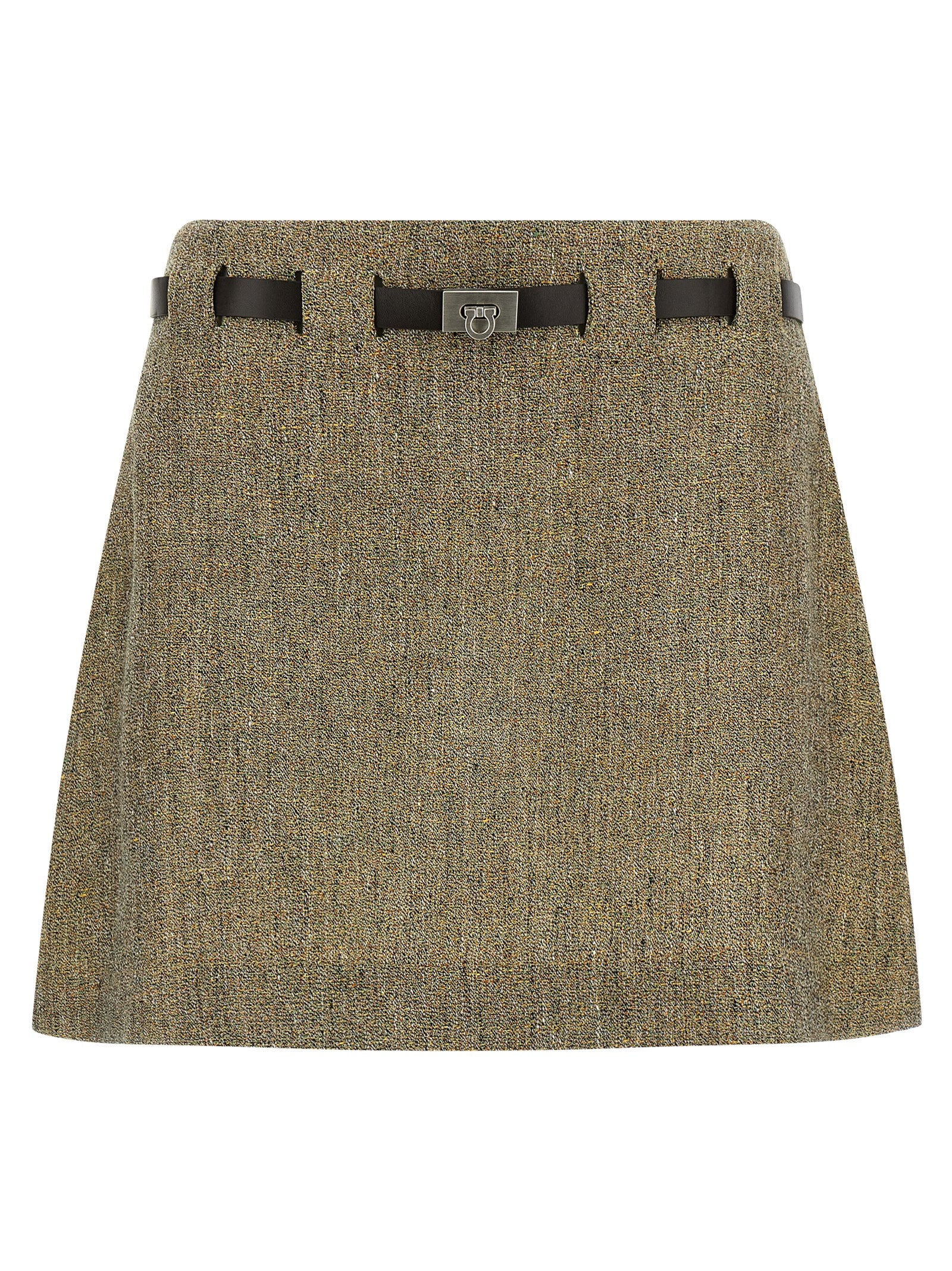 Skirt by Ferragamo for women in leather & linen multicolor showcases a dramatic silhouette, artfully capturing the essence of the Gancini Women's Flared Leather & Linen Mini Long Skirt in a dramatic mini long cut for a refined look.