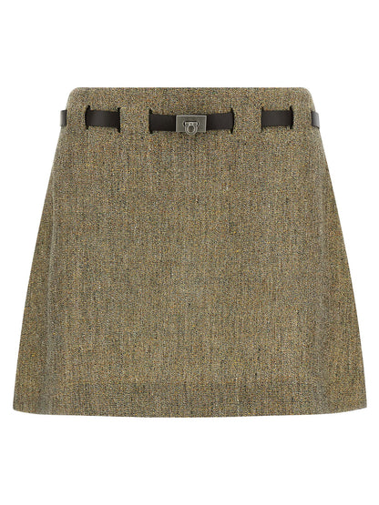 Skirt by Ferragamo for women in leather & linen multicolor showcases a dramatic silhouette, artfully capturing the essence of the Gancini Women's Flared Leather & Linen Mini Long Skirt in a dramatic mini long cut for a refined look.