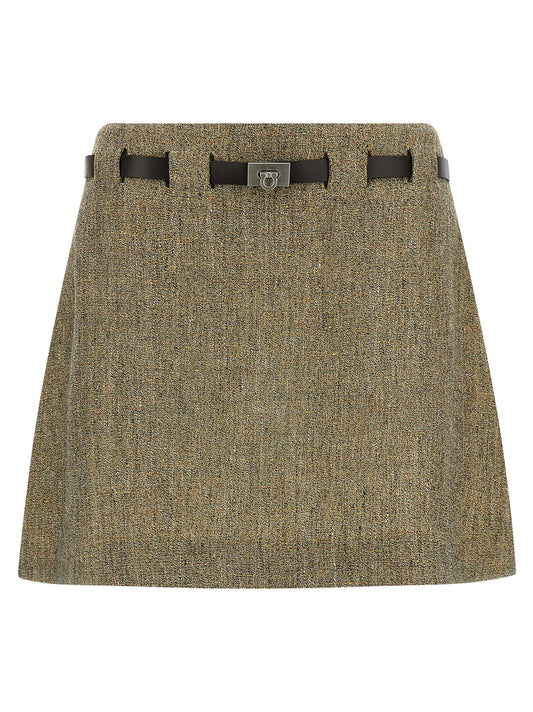 Skirt by Ferragamo for women in leather & linen multicolor showcases a dramatic silhouette, artfully capturing the essence of the Gancini Women's Flared Leather & Linen Mini Long Skirt in a dramatic mini long cut for a refined look.