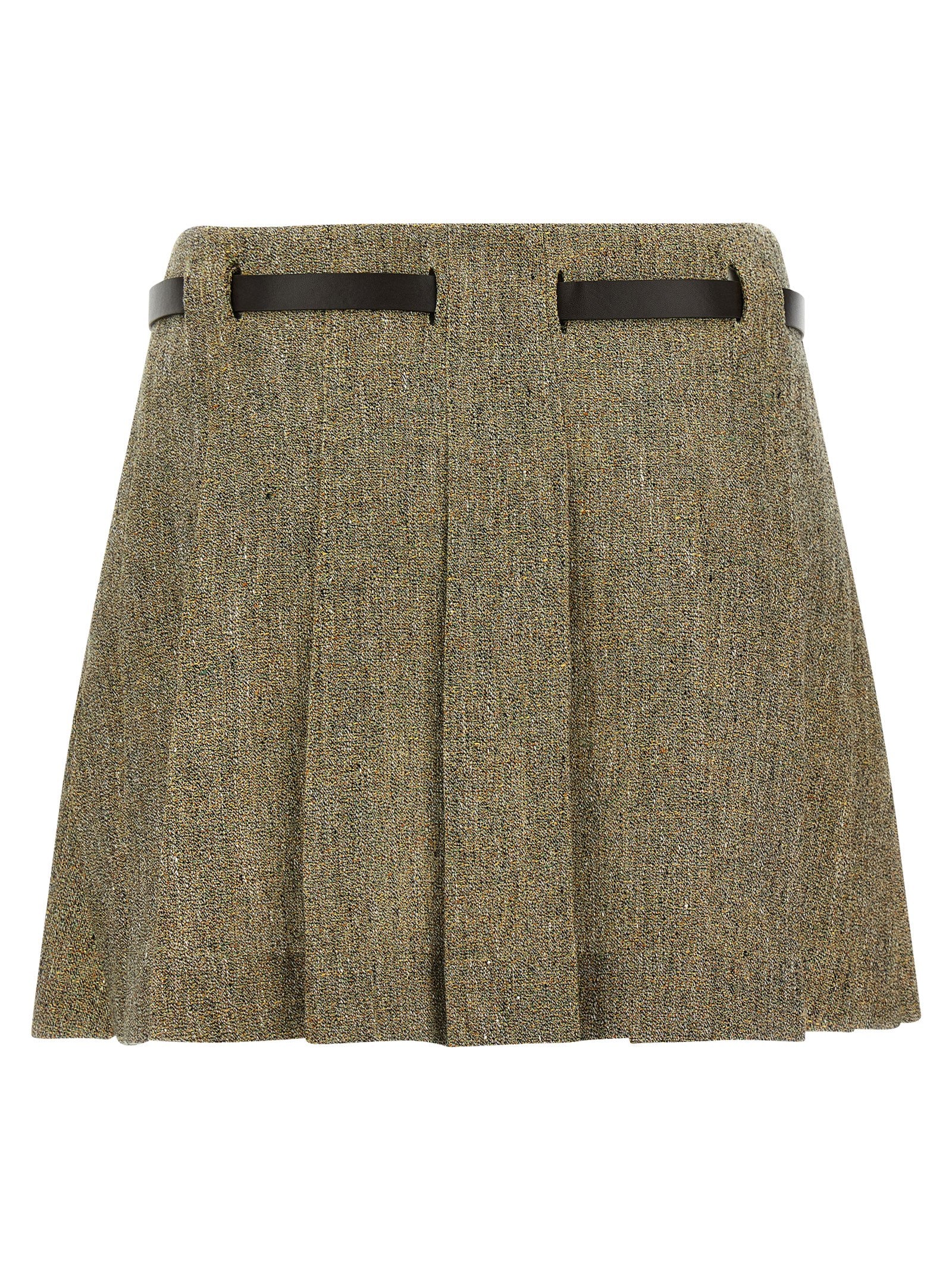 Skirt by Ferragamo for women in leather & linen multicolor features a sublime silhouette, showcasing the sublime design of the Gancini Women's Flared Leather & Linen Mini Long Skirt in a sophisticated mini long.