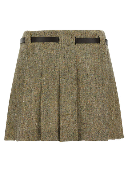 Skirt by Ferragamo for women in leather & linen multicolor features a sublime silhouette, showcasing the sublime design of the Gancini Women's Flared Leather & Linen Mini Long Skirt in a sophisticated mini long.