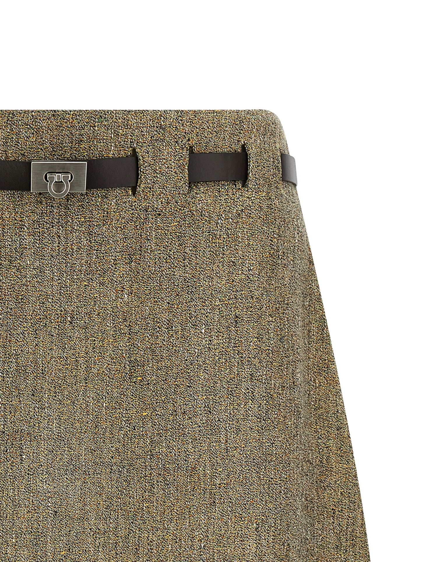 Skirt by Ferragamo for women in leather & linen multicolor features a contoured silhouette from the Gancini Women's Flared Leather & Linen Mini Long Skirt collection, characterized by its contoured mini long for a contoured finish.