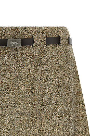 Skirt by Ferragamo for women in leather & linen multicolor features a contoured silhouette from the Gancini Women's Flared Leather & Linen Mini Long Skirt collection, characterized by its contoured mini long for a contoured finish.