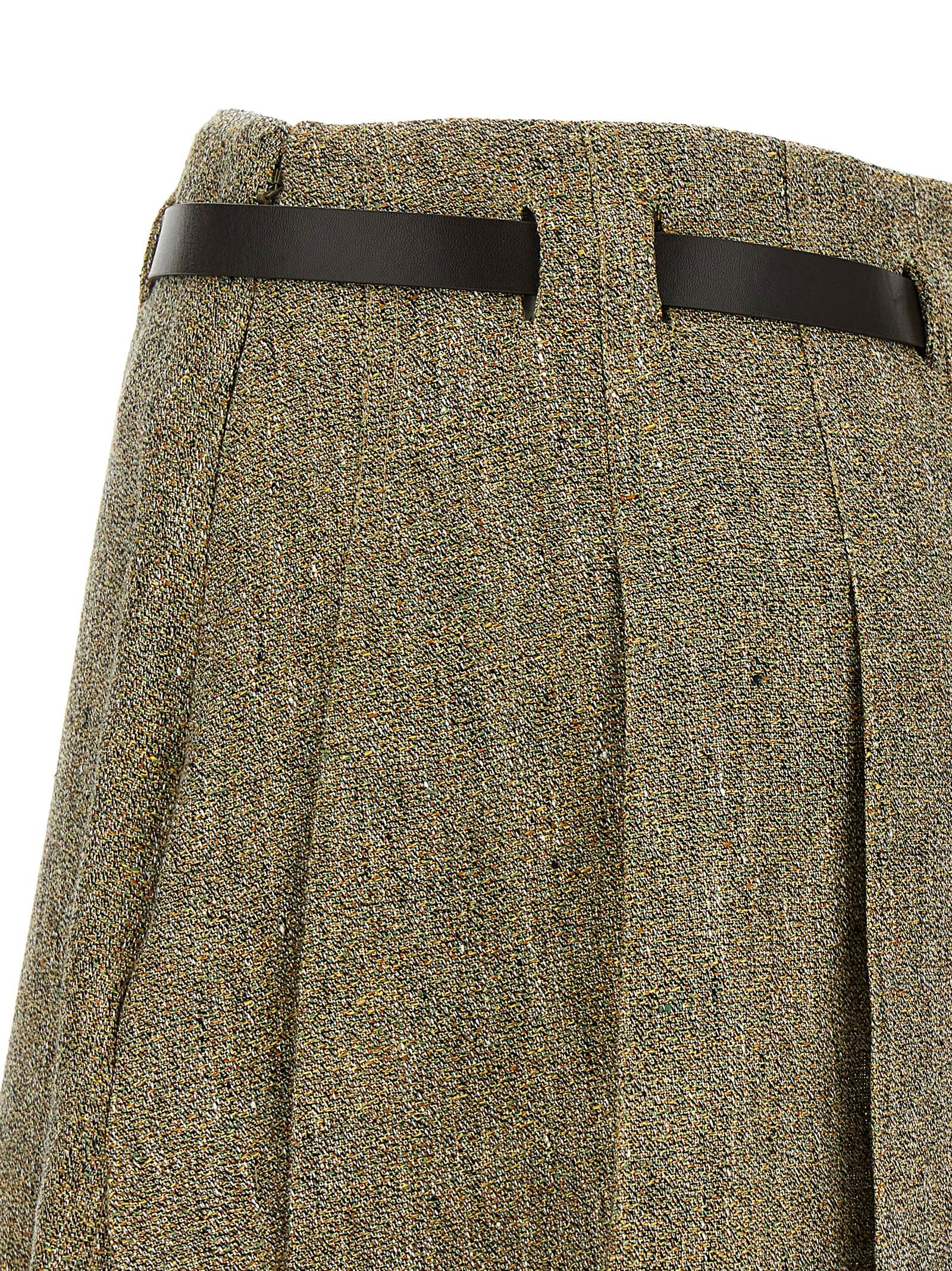 Skirt by Ferragamo for women in leather & linen multicolor showcases a dramatic silhouette, artfully capturing the essence of the Gancini Women's Flared Leather & Linen Mini Long Skirt in a dramatic mini long cut for a refined look.