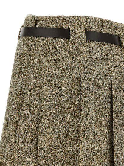 Skirt by Ferragamo for women in leather & linen multicolor showcases a dramatic silhouette, artfully capturing the essence of the Gancini Women's Flared Leather & Linen Mini Long Skirt in a dramatic mini long cut for a refined look.