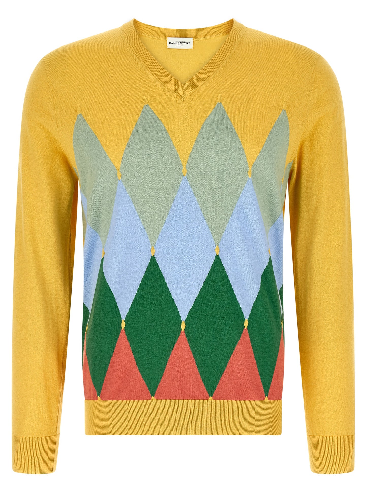 Cardigan by Ballantyne for men in cashmere cotton blend bicolour, yellow, patterned, argyle & jacquard showcases a captivating silhouette, artfully detailed with a captivating and v-neck neckline for a truly sophisticated captivating look.