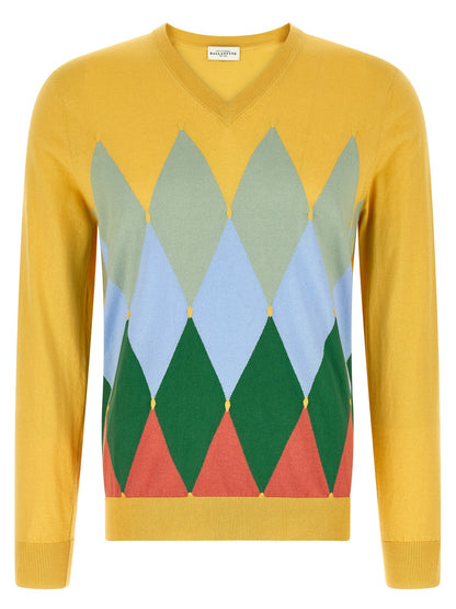 Cardigan by Ballantyne for men in cashmere cotton blend bicolour, yellow, patterned, argyle & jacquard showcases a captivating silhouette, artfully detailed with a captivating and v-neck neckline for a truly sophisticated captivating look.