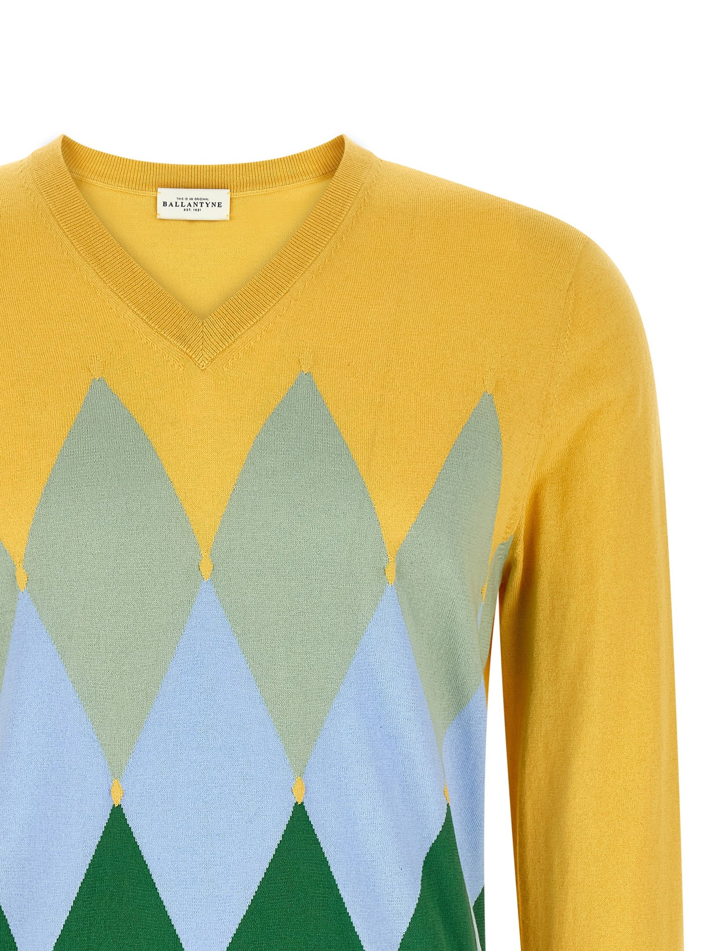 Cardigan by Ballantyne for men in cashmere cotton blend bicolour, yellow, patterned, argyle & jacquard showcases a luxurious silhouette, meticulously detailed with a sophisticated v-neck neckline and for a refined finish.