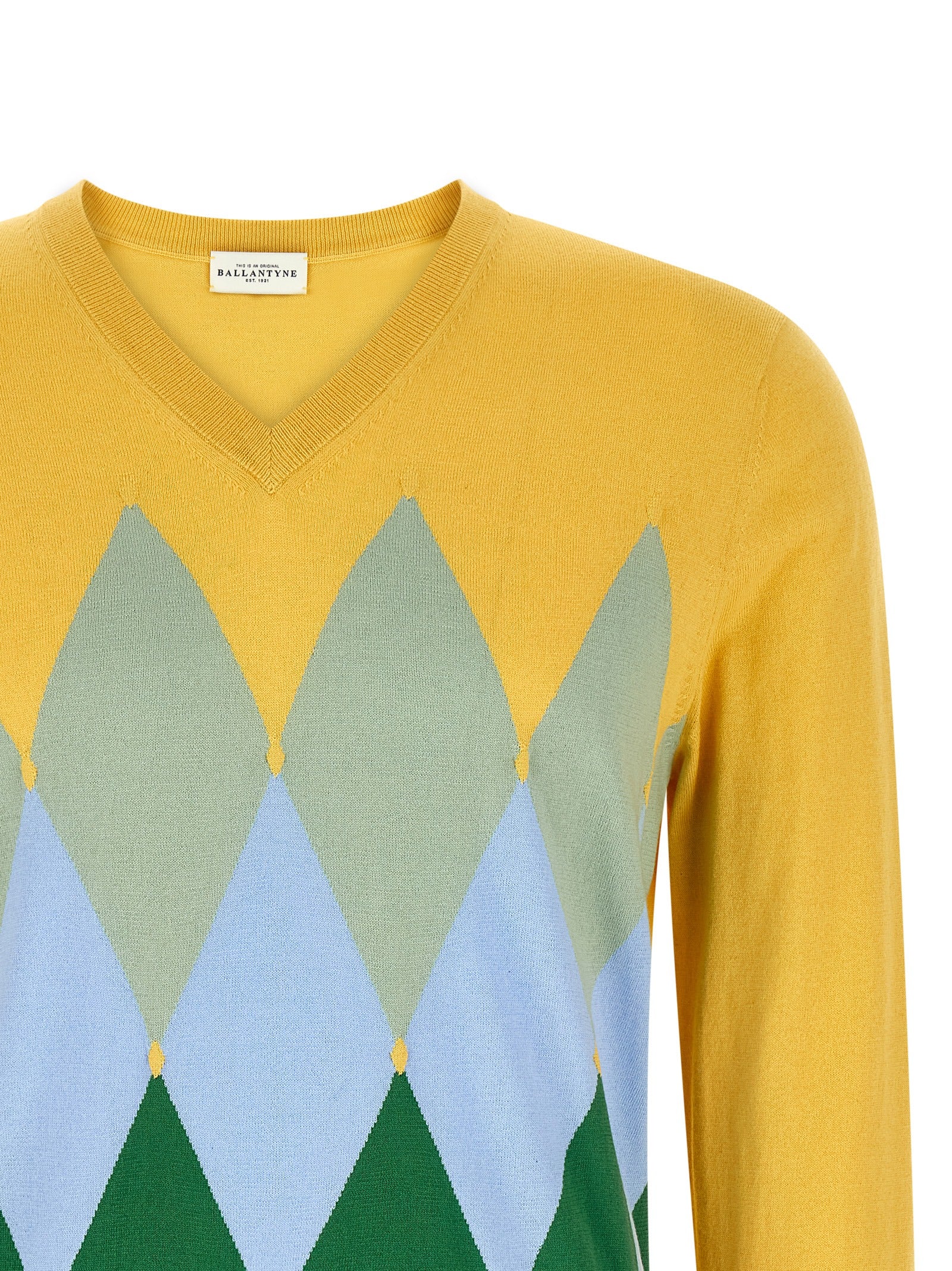 Cardigan by Ballantyne for men in cashmere cotton blend bicolour, yellow, patterned, argyle & jacquard showcases a luxurious silhouette, meticulously detailed with a sophisticated v-neck neckline and for a refined finish.