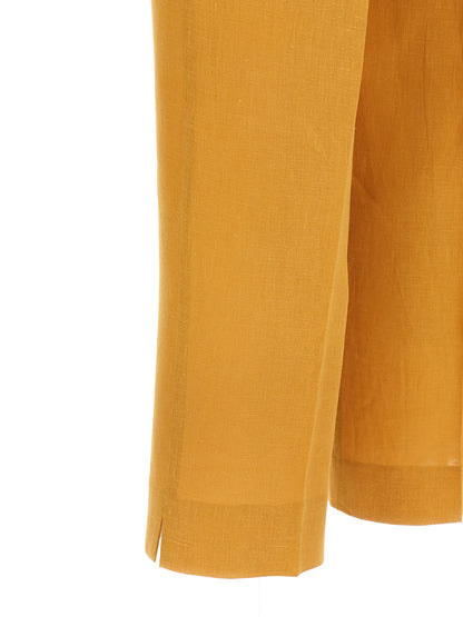 Trousers by Herno for women in linen orange features an sartorial silhouette, showcasing a precise straight-leg and long with a sartorial for a refined look.