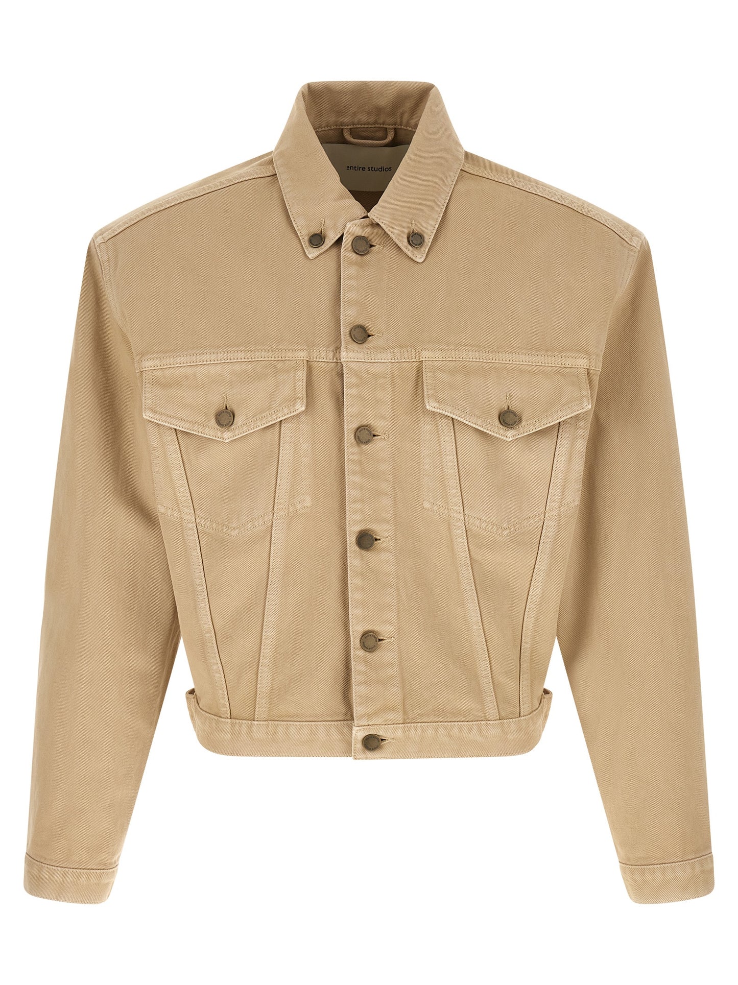 Trucker Jacket by Entire Studios for men in denim cotton beige features a city-ready silhouette, detailed with pockets & insulated and a city-ready shirt-collar neckline.