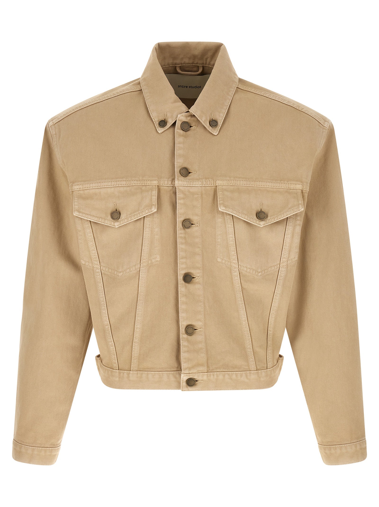 Trucker Jacket by Entire Studios for men in denim cotton beige features a city-ready silhouette, detailed with pockets & insulated and a city-ready shirt-collar neckline.