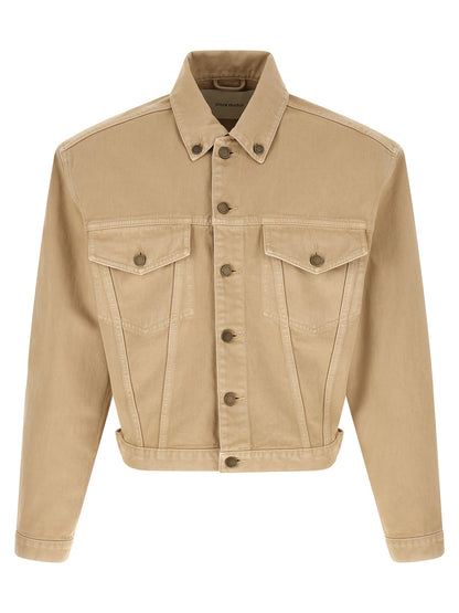 Trucker Jacket by Entire Studios for men in denim cotton beige features a city-ready silhouette, detailed with pockets & insulated and a city-ready shirt-collar neckline.
