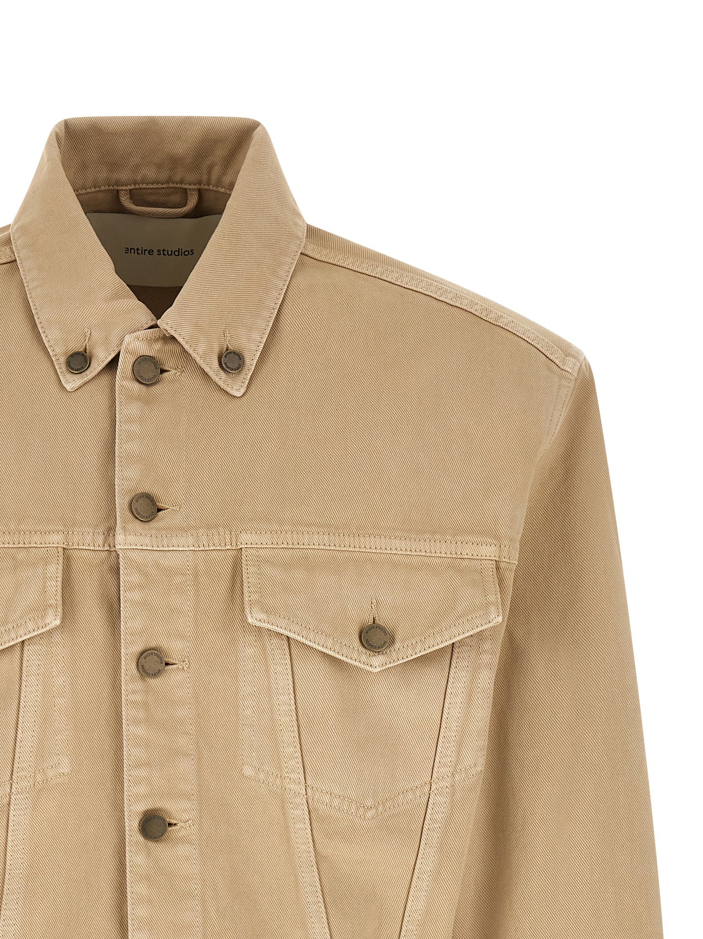Trucker Jacket by Entire Studios for men in denim cotton beige features a dramatic silhouette, showcasing a sophisticated shirt-collar neckline and distinctive pockets & insulated for a dramatic aesthetic.
