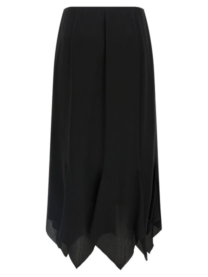 Skirt by Valentino Garavani for women in silk black features a contoured silhouette from the Women's Flared Asymmetrical Silk Midi Skirt collection, characterized by its contoured midi for a contoured finish.