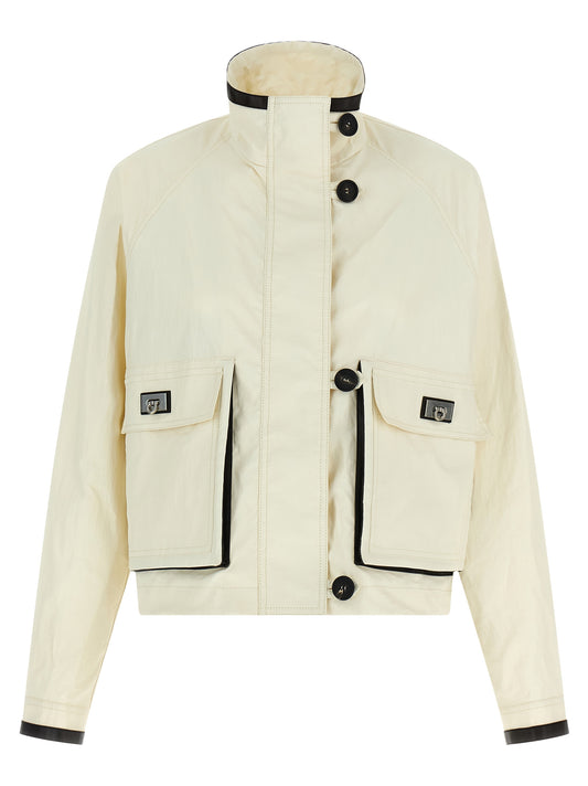 Overcoat by Ferragamo for women in leather linen & metal white features an voluminous silhouette, showcasing distinct pockets and a voluminous high-neck neckline for a truly voluminous aesthetic.