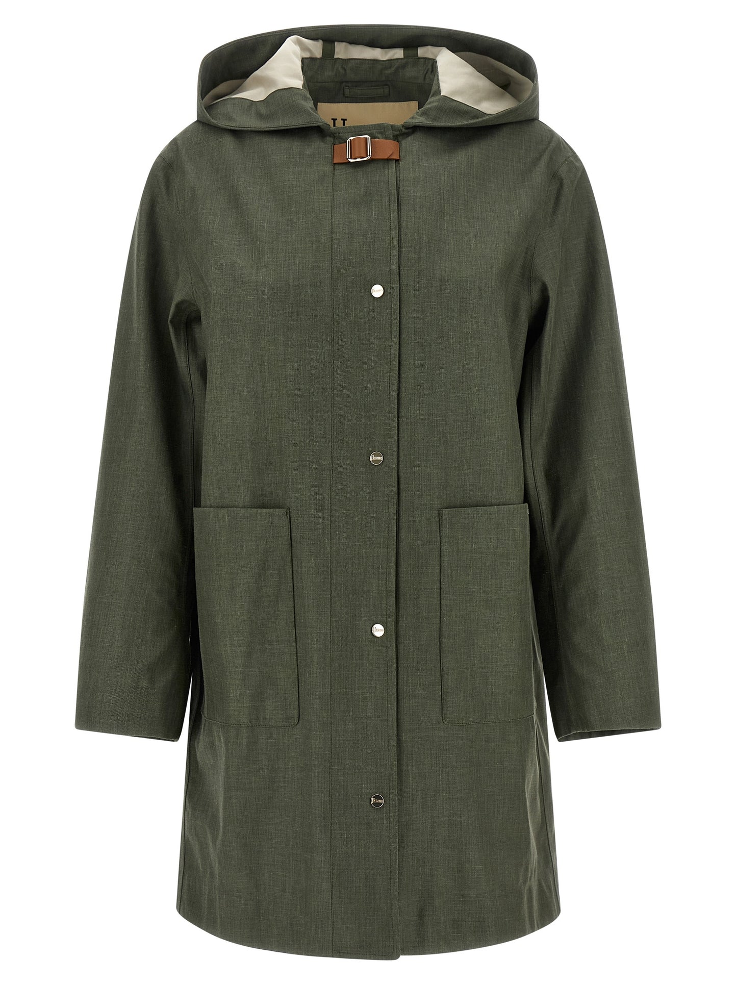 Hooded Trench Coat by Herno for women in silk linen wool bicolour & green showcases a contemporary silhouette, detailed with a contemporary hooded neckline and distinctive water-resistant & hooded for a truly contemporary finish.