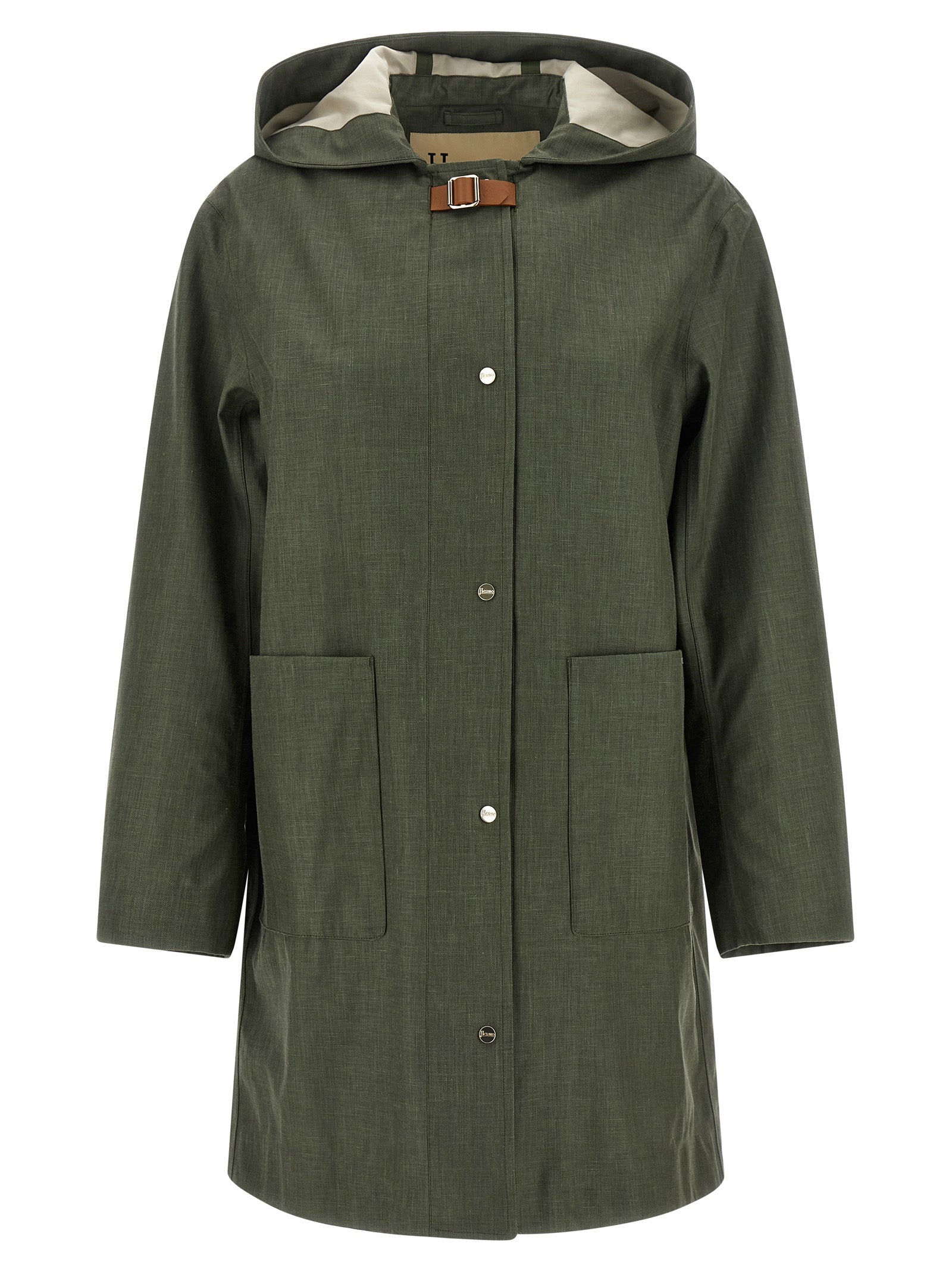 Hooded Trench Coat by Herno for women in silk linen wool bicolour & green showcases a contemporary silhouette, detailed with a contemporary hooded neckline and distinctive water-resistant & hooded for a truly contemporary finish.