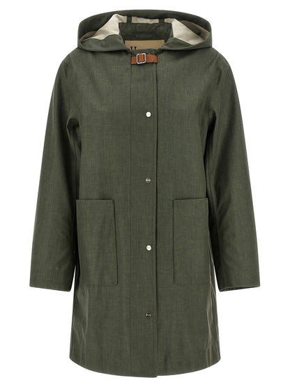 Hooded Trench Coat by Herno for women in silk linen wool bicolour & green showcases a contemporary silhouette, detailed with a contemporary hooded neckline and distinctive water-resistant & hooded for a truly contemporary finish.