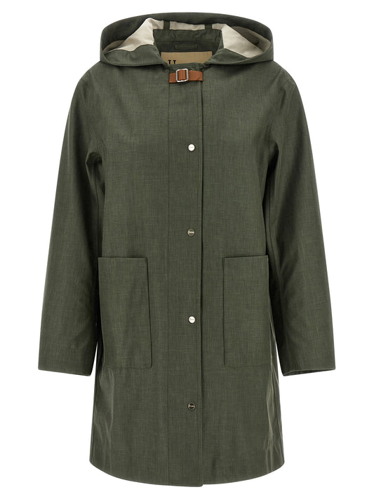 Hooded Trench Coat by Herno for women in silk linen wool bicolour & green showcases a contemporary silhouette, detailed with a contemporary hooded neckline and distinctive water-resistant & hooded for a truly contemporary finish.