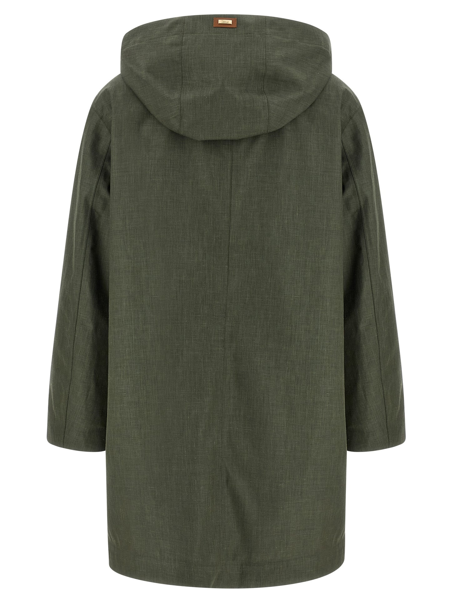 Hooded Trench Coat by Herno for women in silk linen wool bicolour & green presents a utilitarian silhouette, showcasing a utilitarian hooded neckline and sophisticated water-resistant & hooded for a truly utilitarian look.