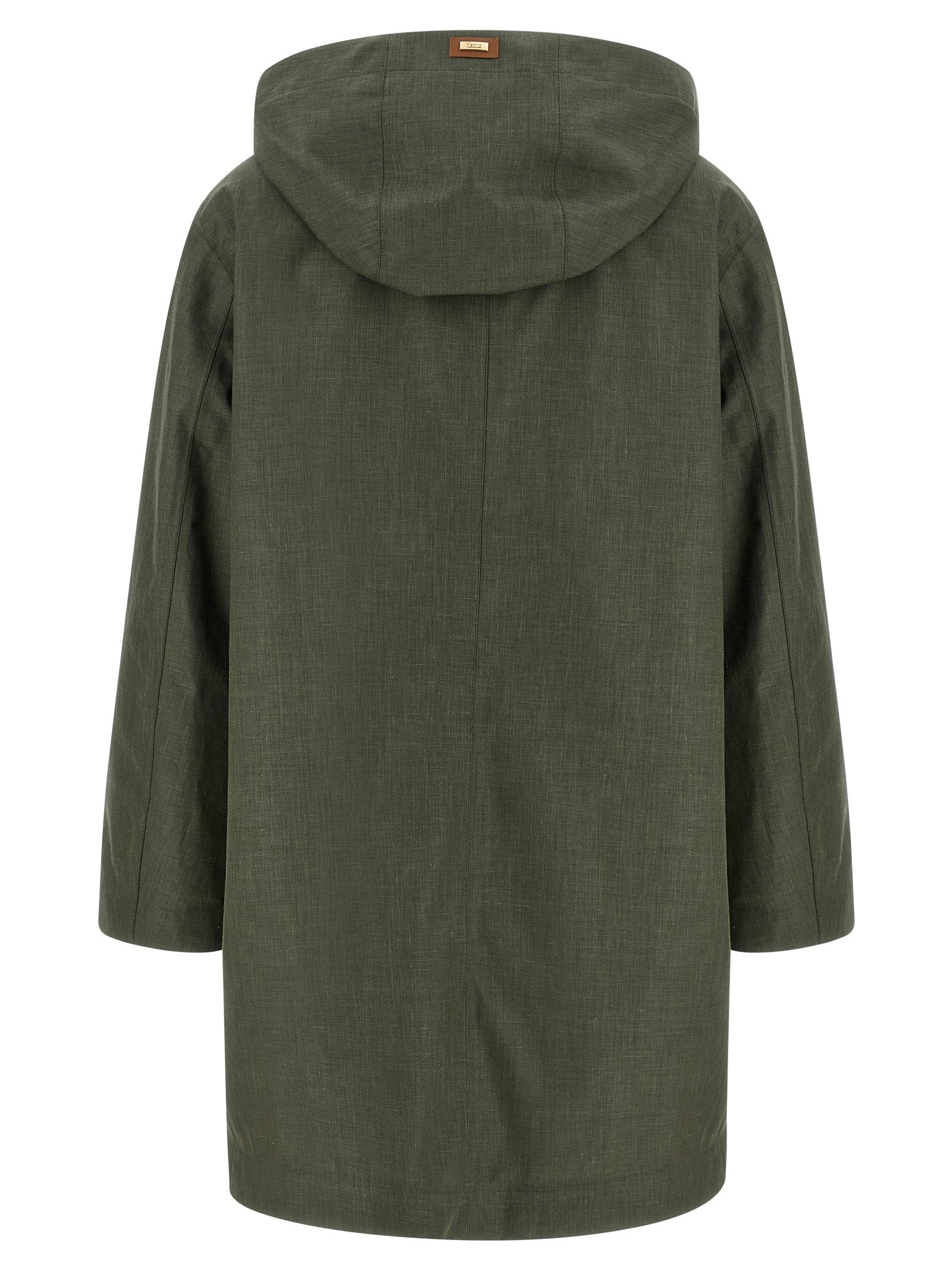 Hooded Trench Coat by Herno for women in silk linen wool bicolour & green presents a utilitarian silhouette, showcasing a utilitarian hooded neckline and sophisticated water-resistant & hooded for a truly utilitarian look.