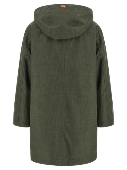 Hooded Trench Coat by Herno for women in silk linen wool bicolour & green presents a utilitarian silhouette, showcasing a utilitarian hooded neckline and sophisticated water-resistant & hooded for a truly utilitarian look.
